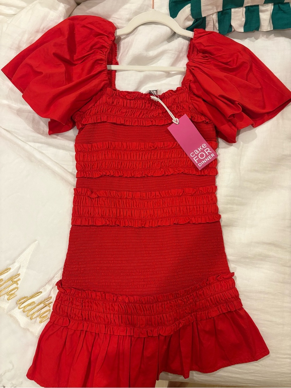 Red Puff-Sleeve Smocked Mini Dress by Cake For Dinner